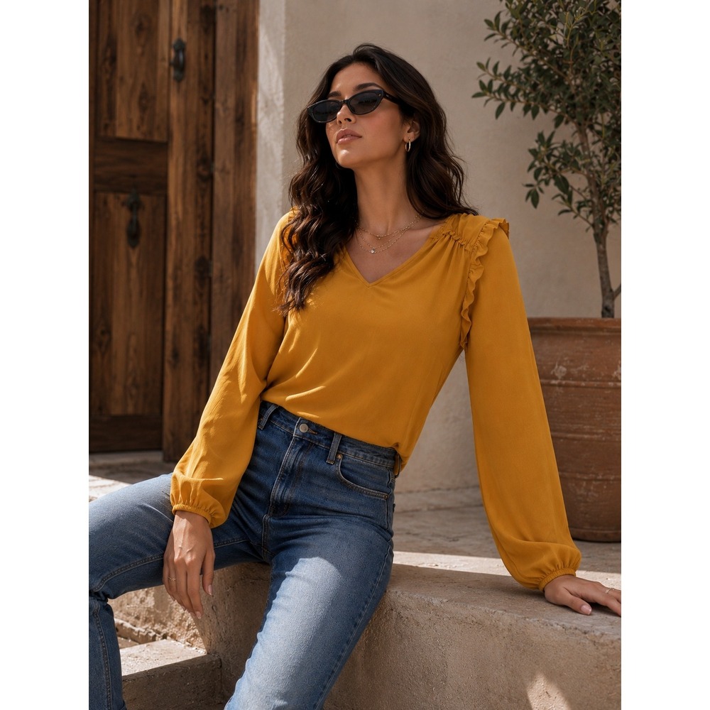 Andree by UNIT Blouse Womens Small Yellow Boho Ruffle‎ Long Sleeve V Neck